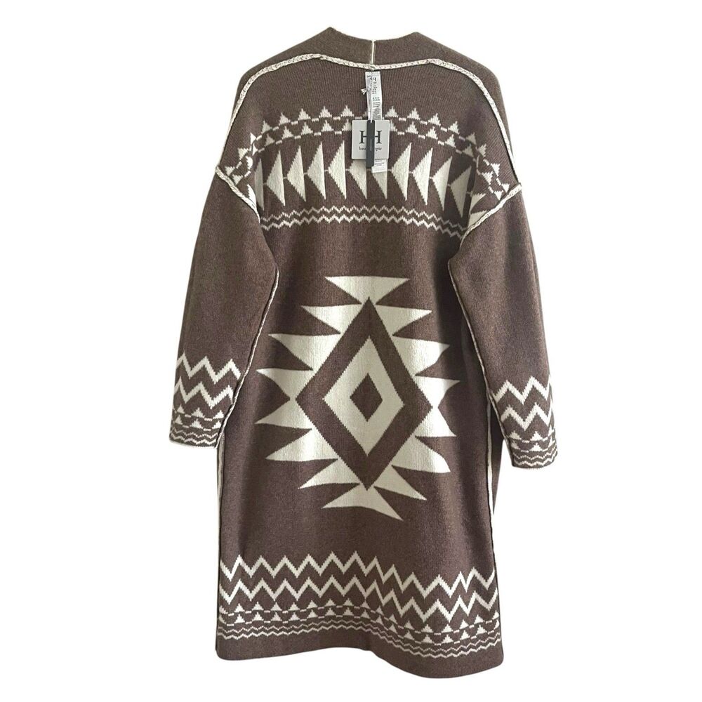 Haute Hippie Aztec Long Cardigan M Reversible Duster Cream Brown Boho Western - Picture 7 of 13